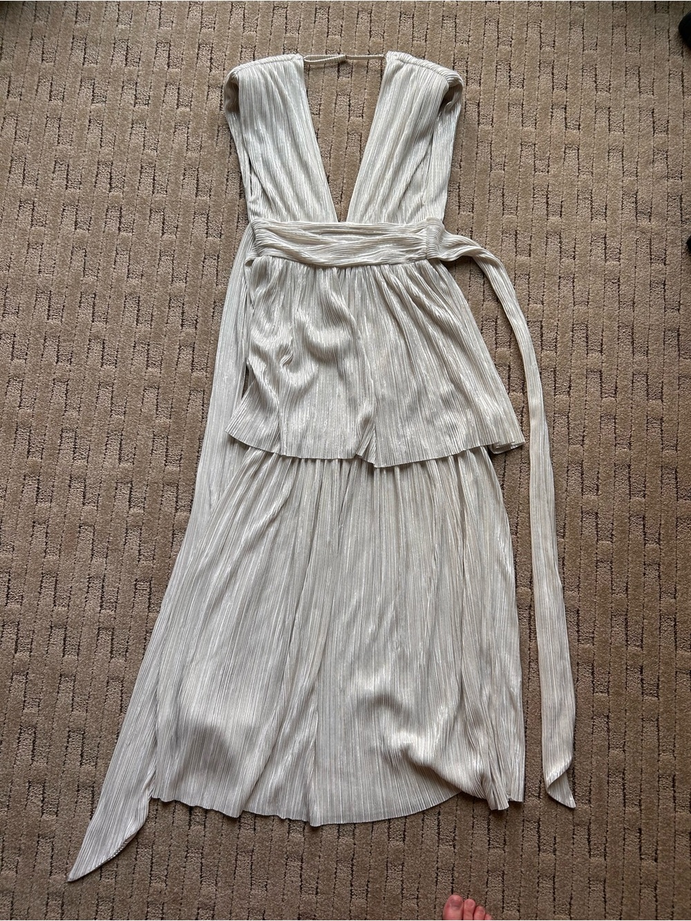Sabina Musayev Shimmery Cream Plissé Wrap Maxi Dress